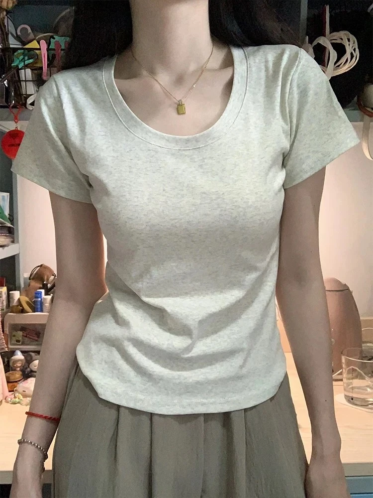 纯色别致U领掐腰短袖t恤女夏季修身显瘦百搭收腰纯欲辣妹上衣ins