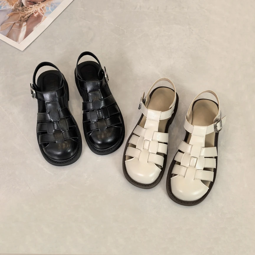 夏季外穿一字扣包头软底凉鞋女百搭厚底透气罗马凉鞋编织猪笼女鞋