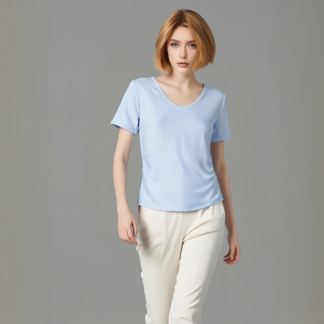 【JW】V圆领短袖t恤女2025夏季新款设计感褶皱收腰不规则下摆奥戴尔