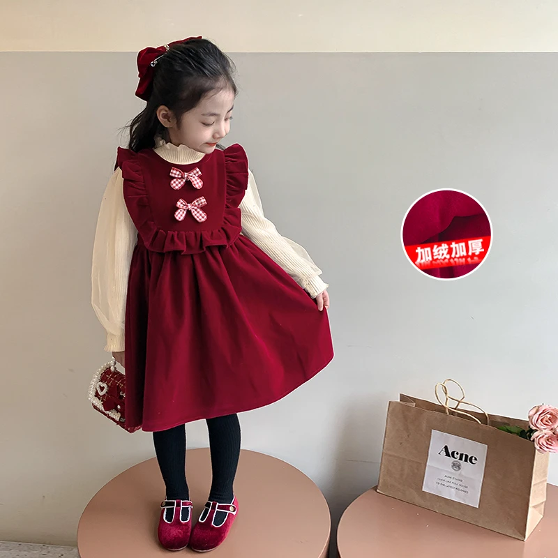 女童秋冬连衣裙新款洋气公主裙冬装加绒裙子两件套拜年服-YGG