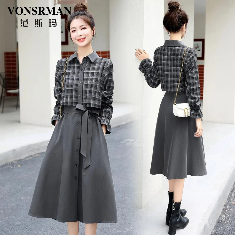 格子拼接假两件连衣裙女2025春秋新款系带设计感洋气长袖衬衫裙子