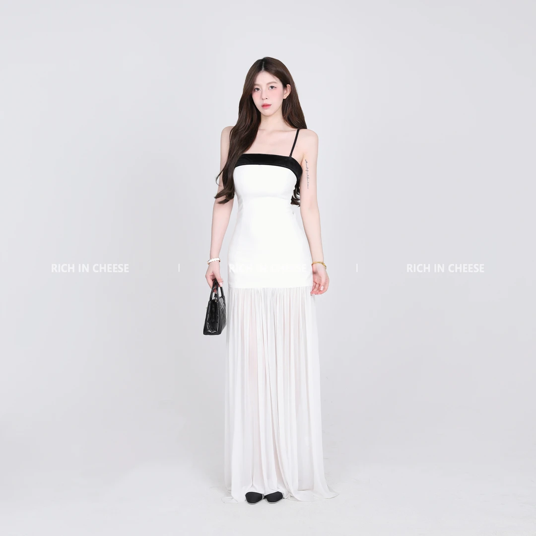 【清清】舒胡蕾 黑白coco 气质撞色拼接吊带连衣裙长裙夏季时尚