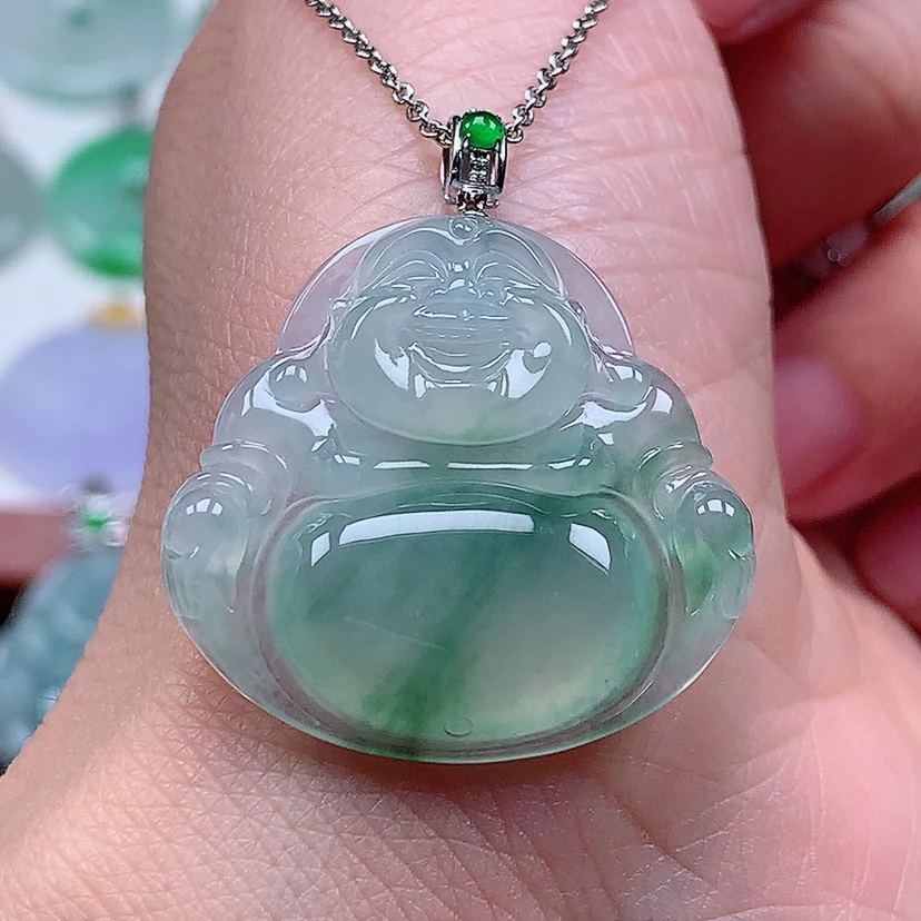 缅甸天然A货翡翠18k金镶嵌冰种飘绿佛公吊坠（尺寸28.5*29.9*5.7）