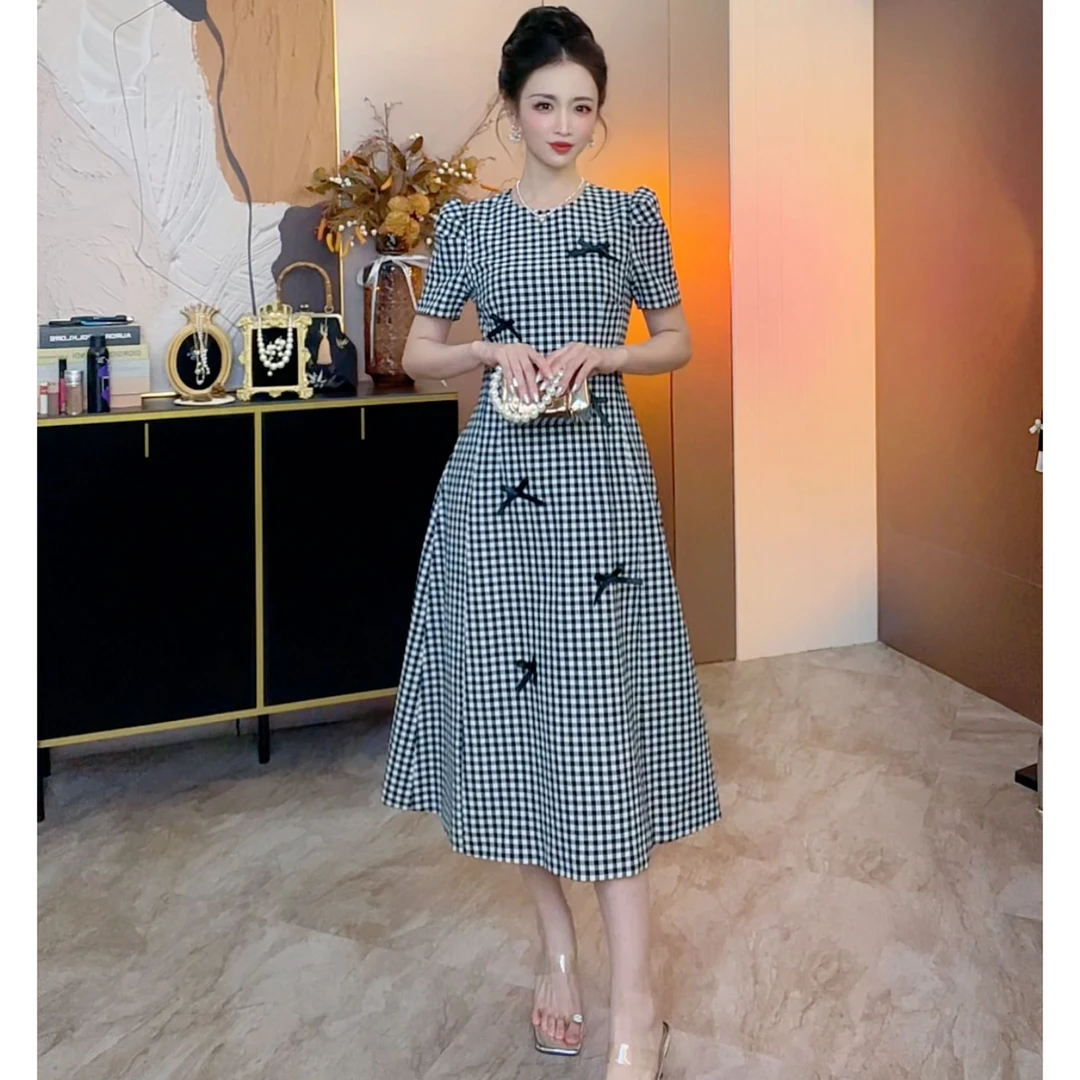 【心动降临】夏季连衣裙修身显瘦蝴蝶结收腰格纹长裙复古气质格子裙