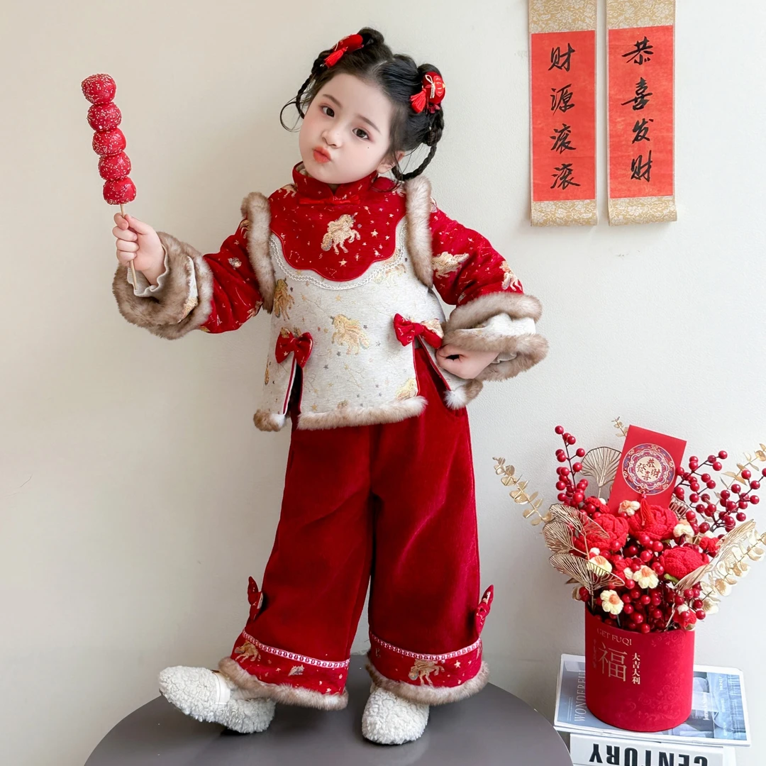 女童中国风拜年服冬装2025新款儿童套装加绒两件套冬季喜庆新年装