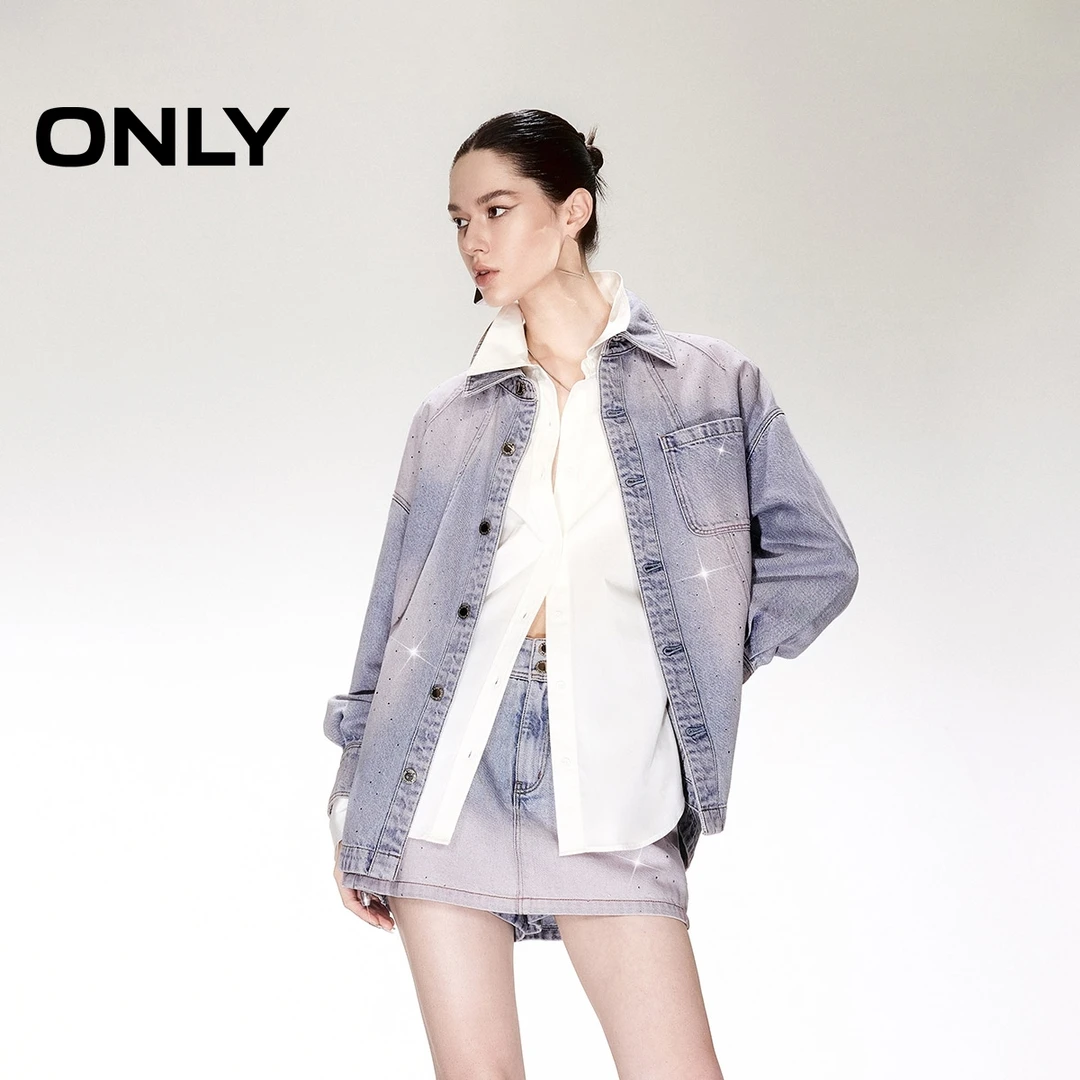 ONLY秋季重工烫钻显瘦落肩牛仔衬衫女通勤休闲高智感|125262005
