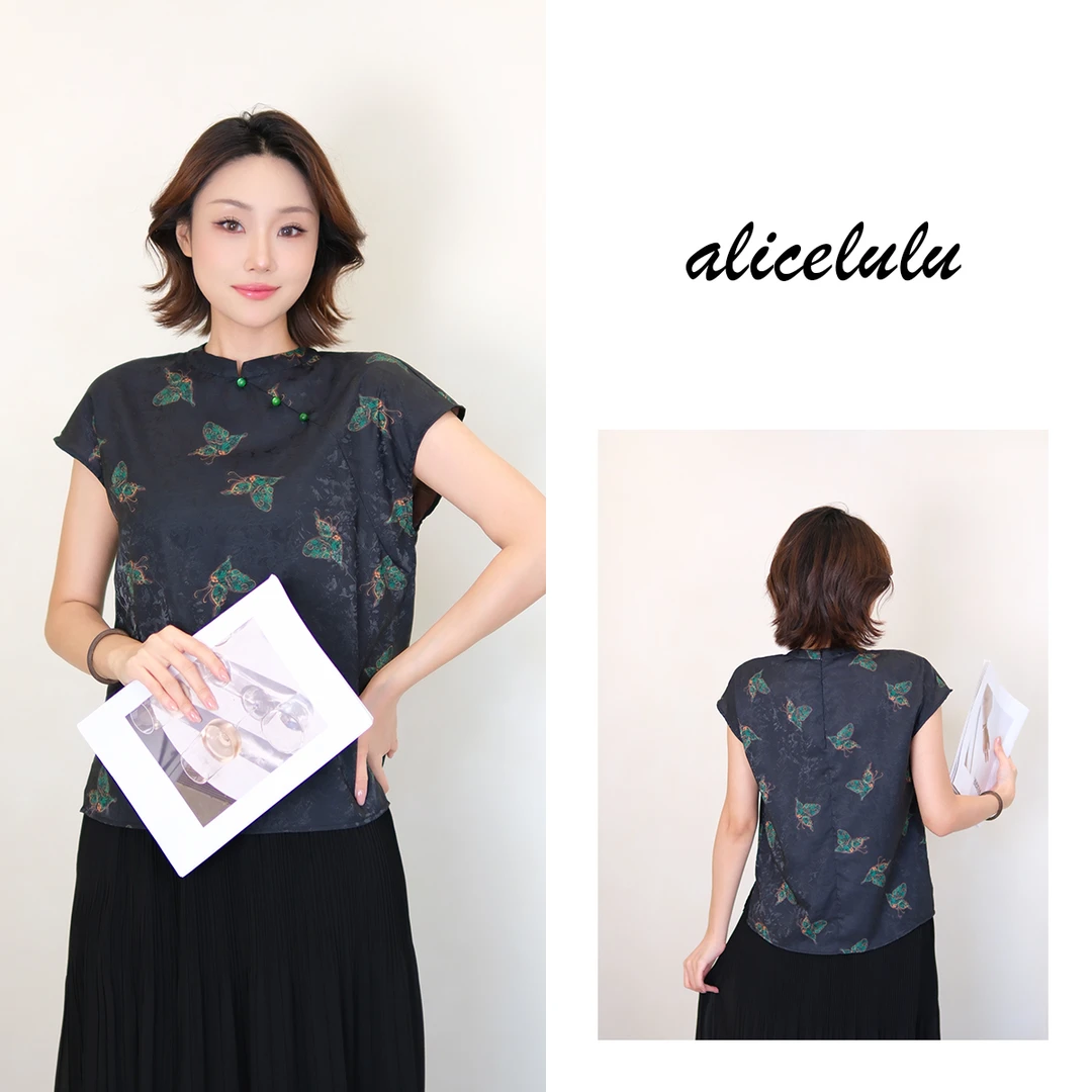 [alicelulu] 复古气质绿蝴蝶提花百搭显瘦新中式衬衫 S2143543E