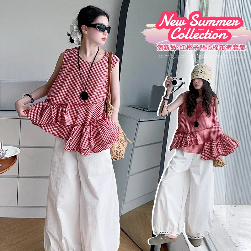 2025女童红格子背心花边棉布裤套装宽松时尚百搭中大童韩系个性