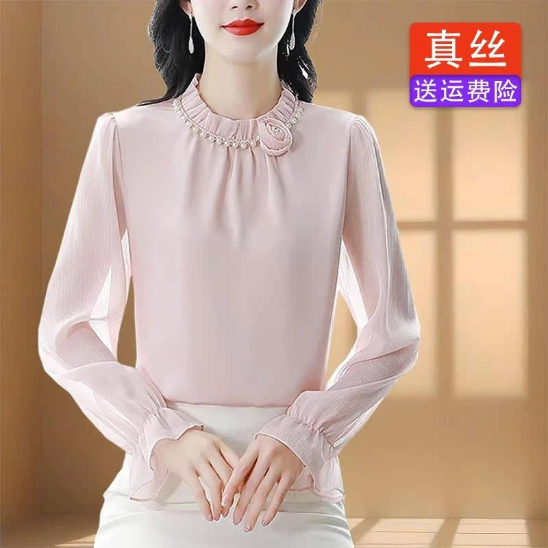 【品质欧货】杭州大牌真丝衬衫女士长袖荷叶边缎面小衫高级感春新