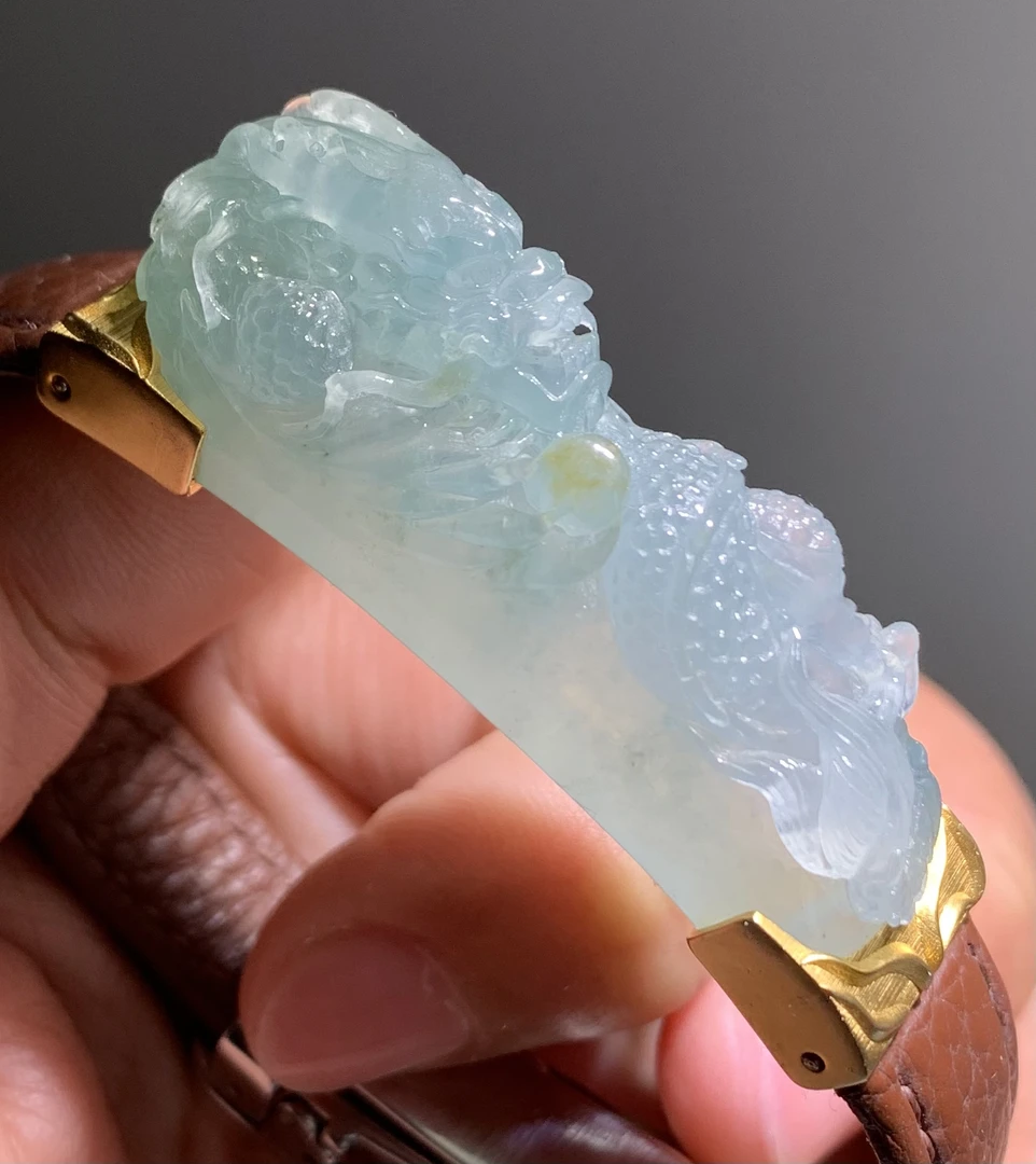 【三彩龙•手牌】缅甸天然A货翡翠冰种天空蓝黄翡龙手牌镶嵌大气百搭