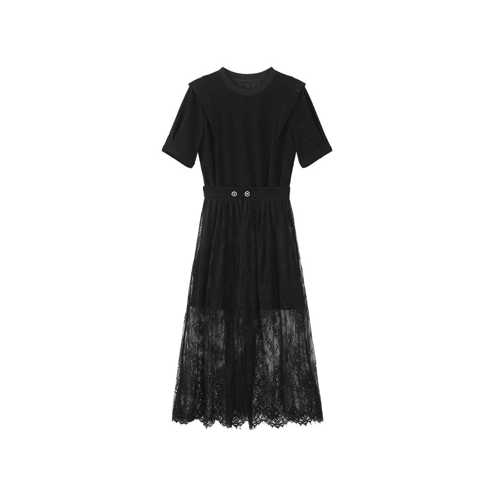 【封后轻奢设计】夏季时尚气质短袖收腰拼接网纱时尚套装3016