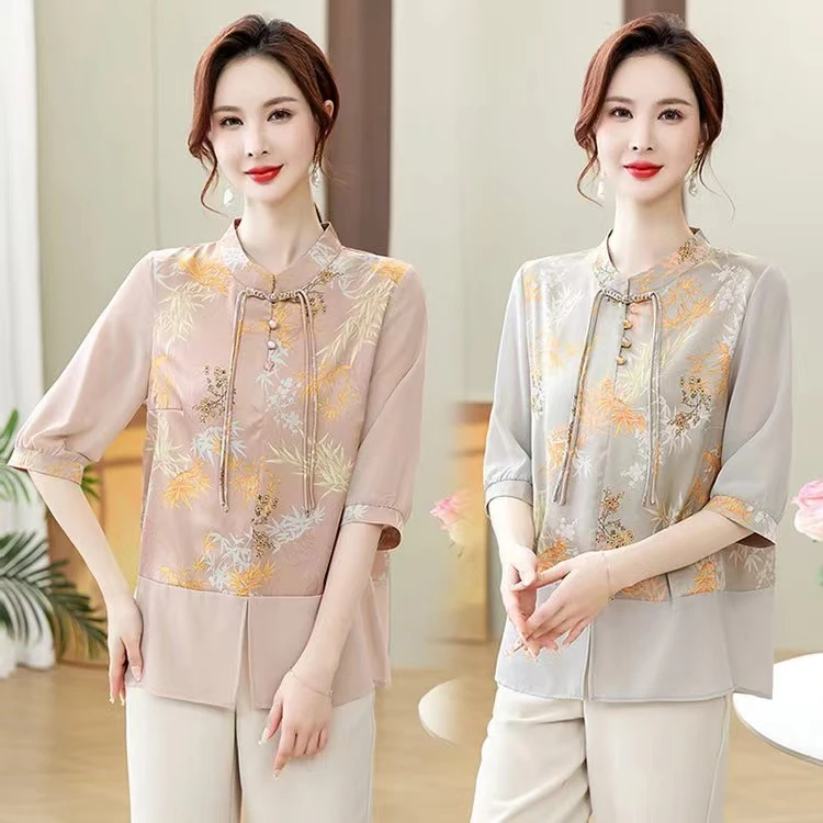 时尚纽扣妈妈装中老年女装七分袖复古中国风夏装女装夏季显瘦A125