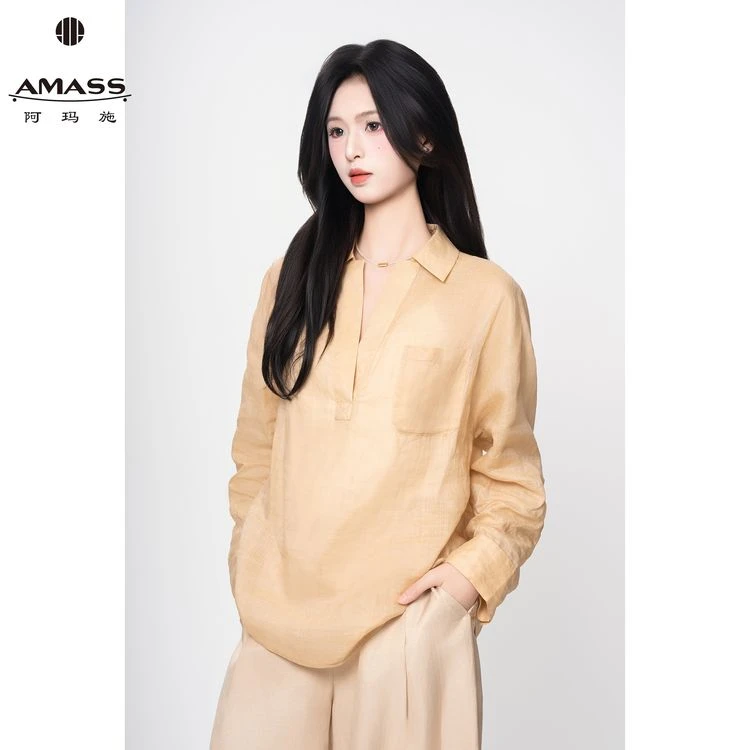 AMASS/阿玛施夏季薄款清凉慵懒风棉麻衬衣长袖廓形苎麻衬衫530074