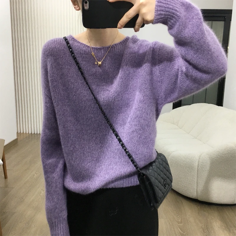 紫色女士毛衣女款秋冬季2025新款高级感慵懒风松弛感毛衣上衣