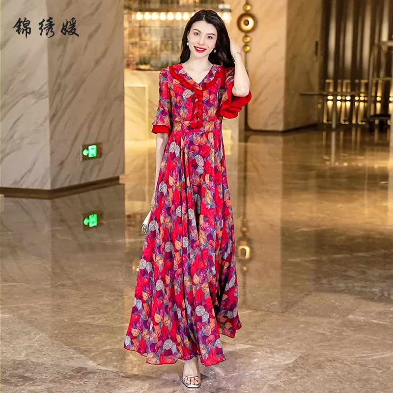 2025新款碎花连衣裙女夏长款到脚踝荷叶领长裙夏天大摆裙V领雪纺