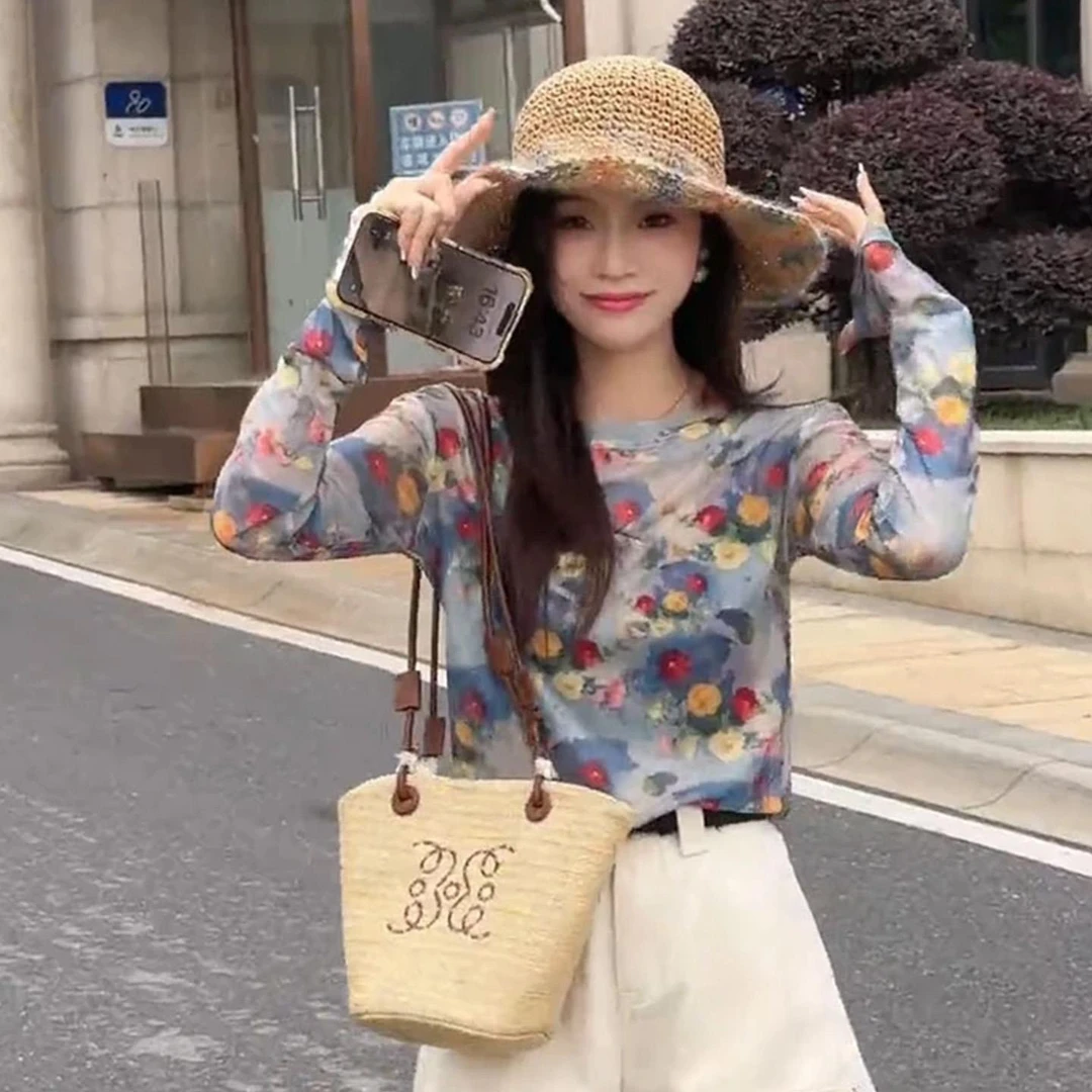 法式碎花防晒长袖t恤女夏季2025年新款宽松慵懒休闲薄款罩衫上衣