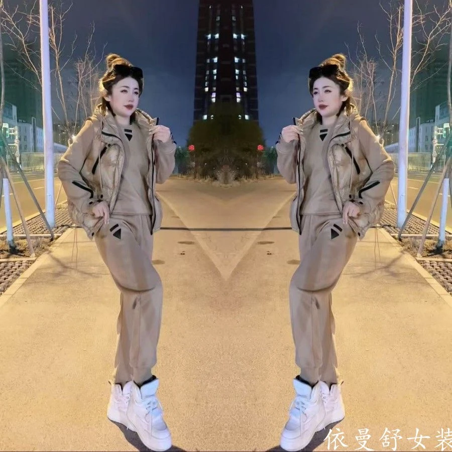 欧货休闲加厚棉马夹运动服三件套2025冬季新时尚气质加绒套装爆
