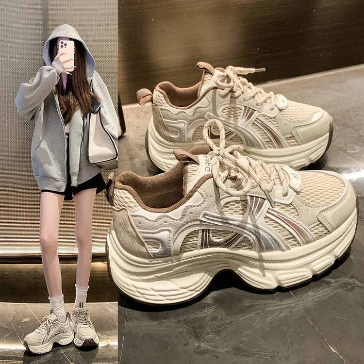 薄款老爹鞋女2025秋季新款百搭厚底增高女鞋学生运动网面休闲鞋