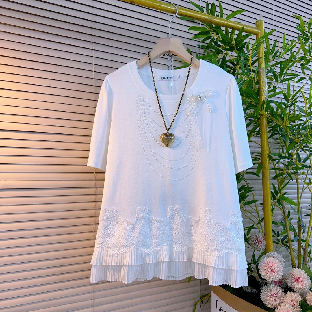 9291胖mm欧货时尚圆领纯色订珠蝴蝶结拼接蕾丝花边设计感短袖衫