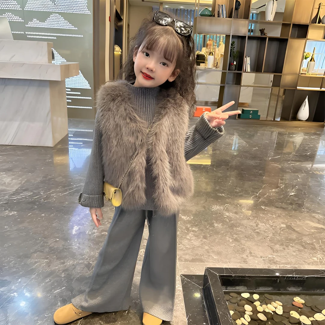 女童毛毛衣马甲秋冬套装2025新款洋气女孩加厚毛衣冬装儿童三件套