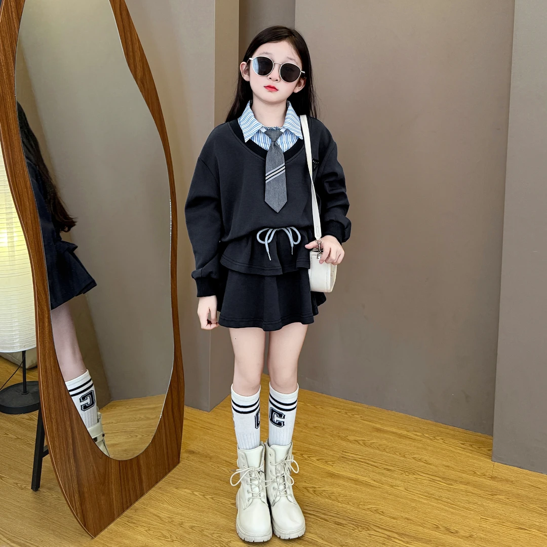 女童2025新款春秋季中大童韩版学院风领带长袖上衣半身裙两件套潮