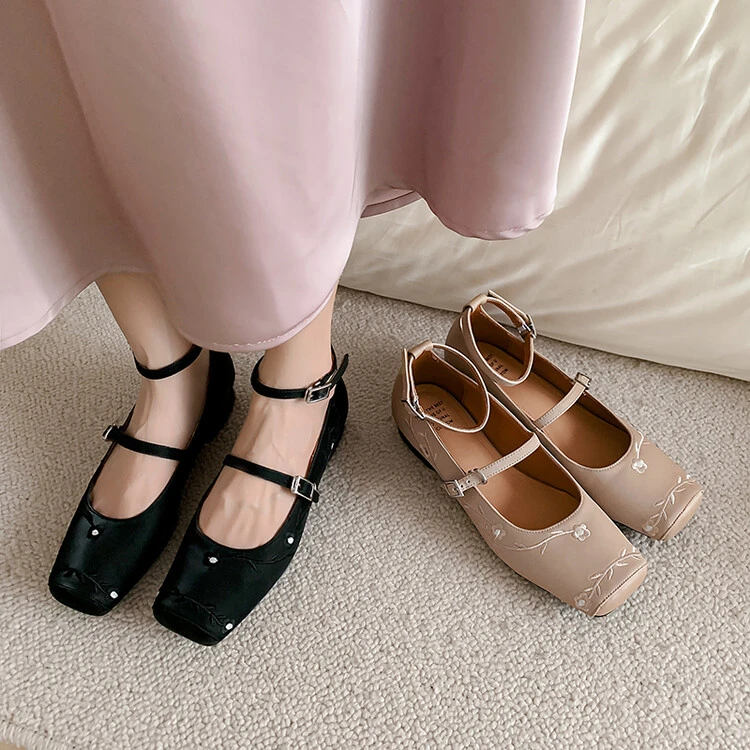 DQ325/2CM牛皮女鞋方头低跟皮鞋玛丽珍鞋浅口新中式平底单鞋