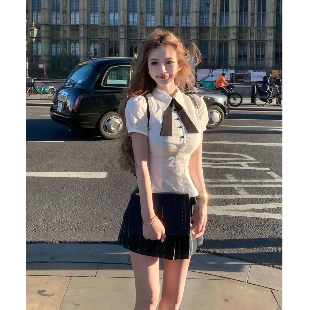 【英区学姐】2025夏季学院风套装白色风琴褶衬衫上衣格子短裙两件套