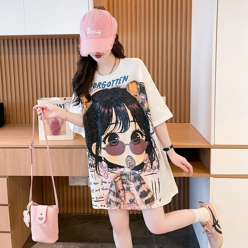 卡通印花减龄中长款纯棉T恤短袖女夏季爆款胖mm白色大码宽松上衣