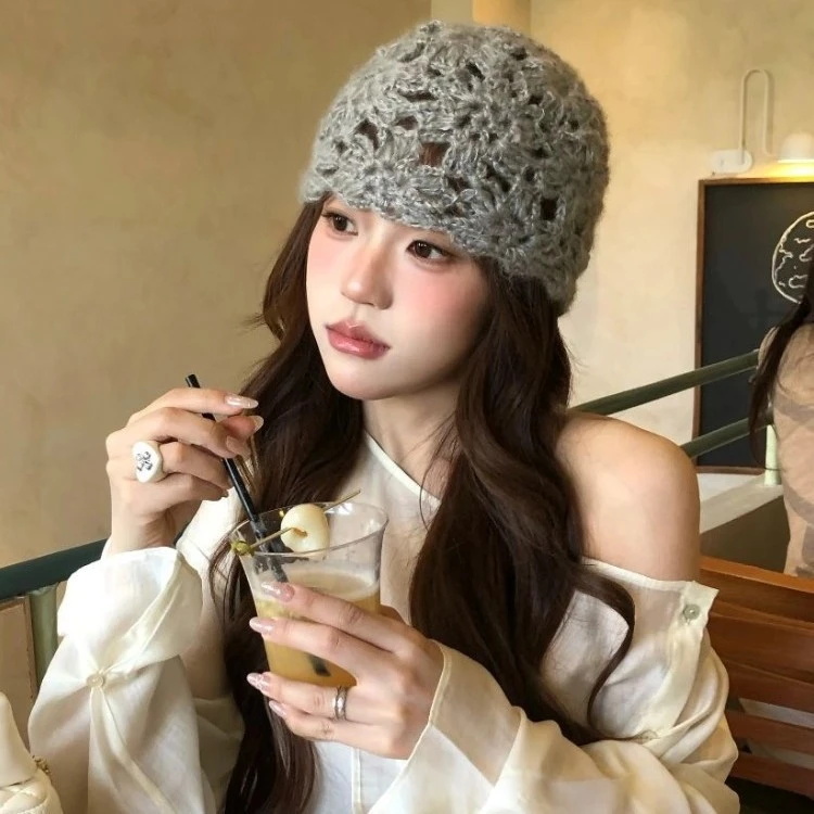 手工钩花镂空包头帽女夏季薄款透气帽子甜美个性百搭氛围感套头帽