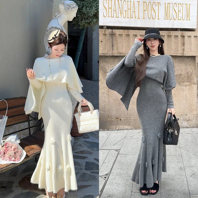 小雨姐姐【海棠双子】不规则套头披肩+花朵鱼尾裙两件套装冬季新款