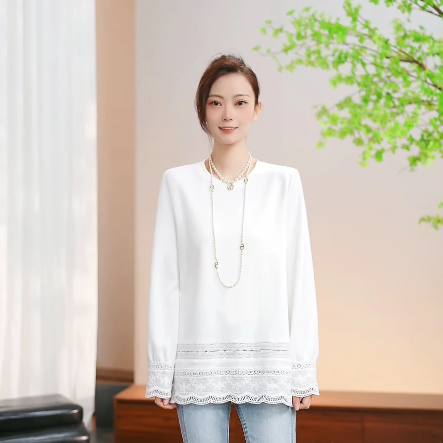 ColorArea/色域春季新款重工提花蕾丝拼接宽松中长款打底T恤上衣