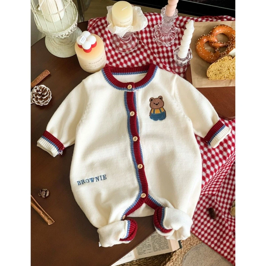 2025童装春款爆款连身衣婴幼儿爬爬服婴儿小熊针织春秋哈衣毛衣