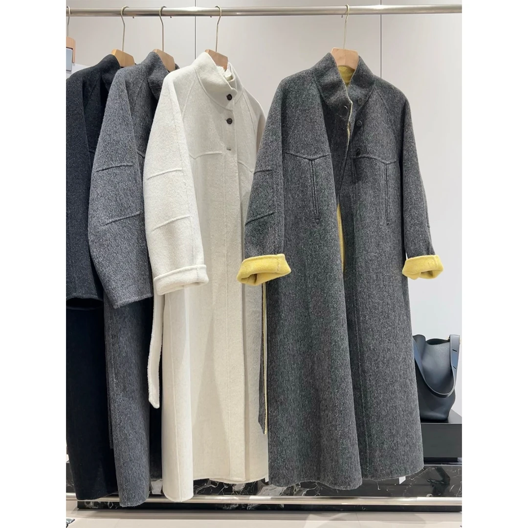 高货！100%绵羊毛重磅款立领撞色排扣腰带高级设计长款双面呢