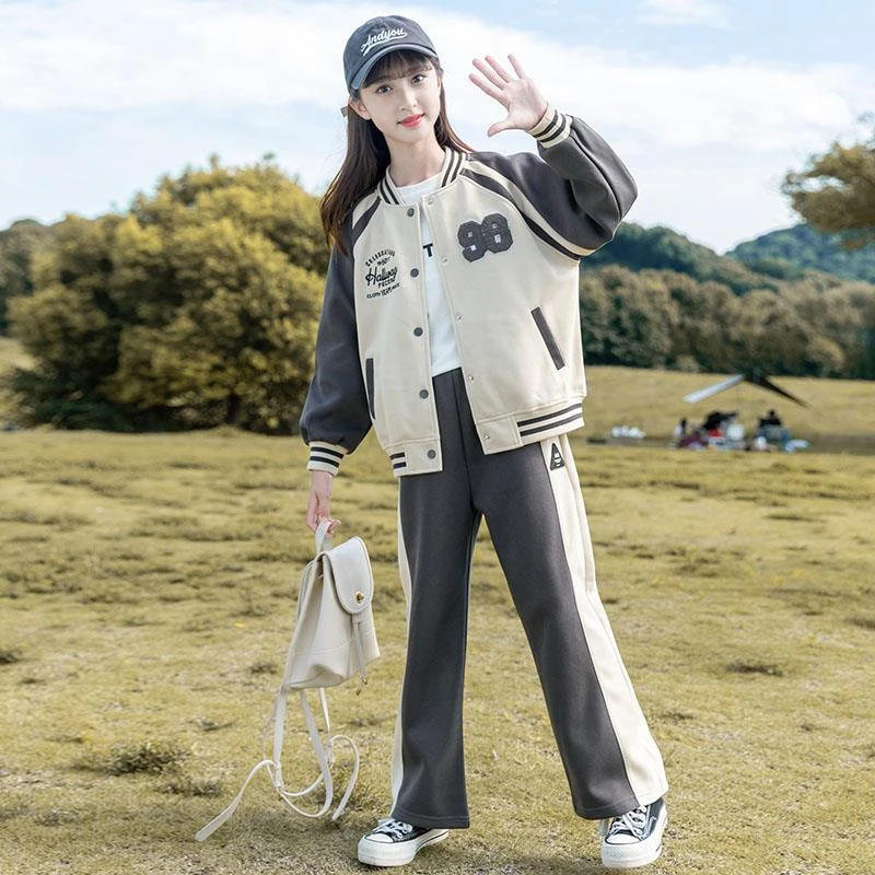 范哲萨女童秋装运动套装秋款2025新款中大童棒球服女孩洋派儿童套