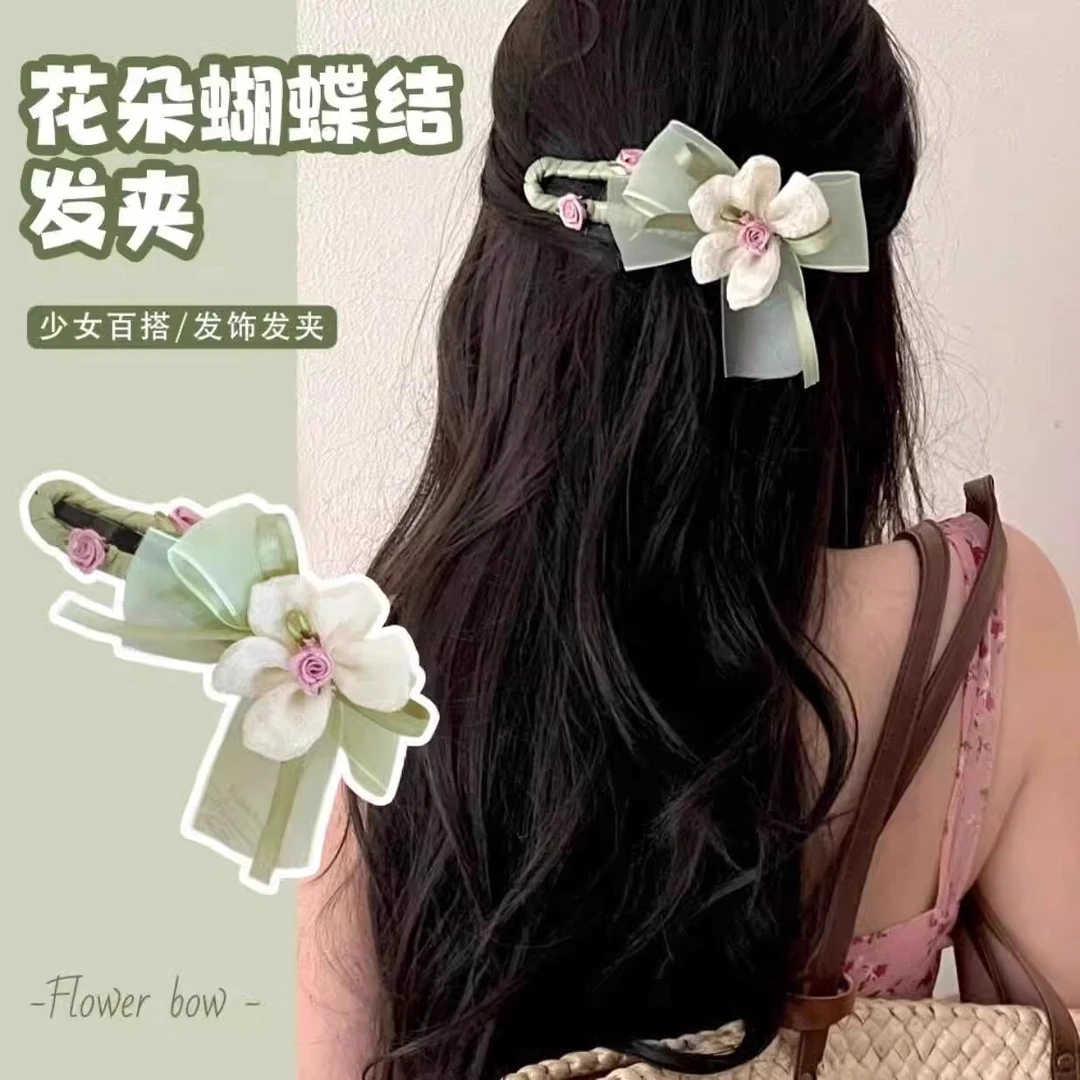 超仙网纱山茶花发夹高级感2025新款森系后脑勺甜美森系花朵鸭嘴夹