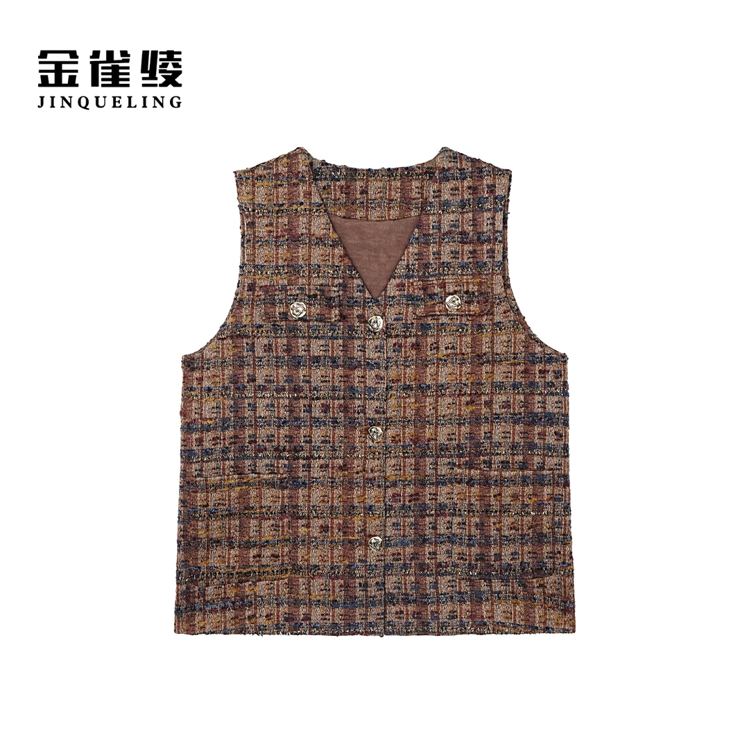 金雀绫【浮光珀影】设计师款小香风V领格纹加宽加大马夹SZA2TL548