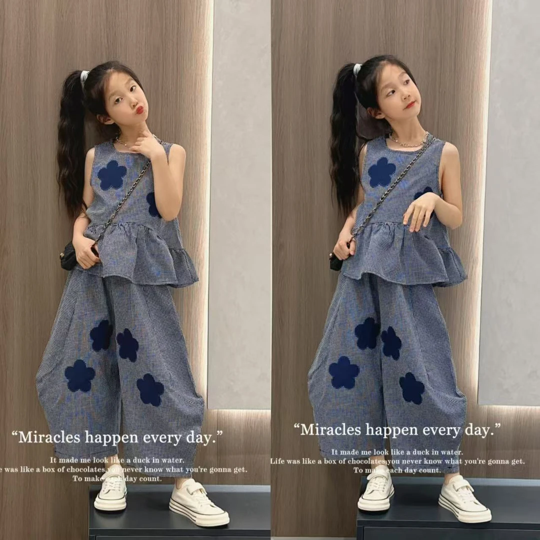 女童夏季韩系套装2025新款儿童洋气花朵格子无袖背心灯笼裤两件套