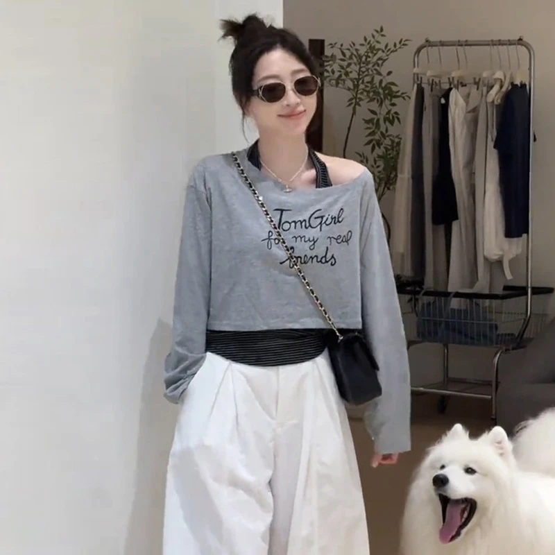 独特超好看单穿上衣设计感灰色斜肩长袖t恤女装2025新款爆款夏季