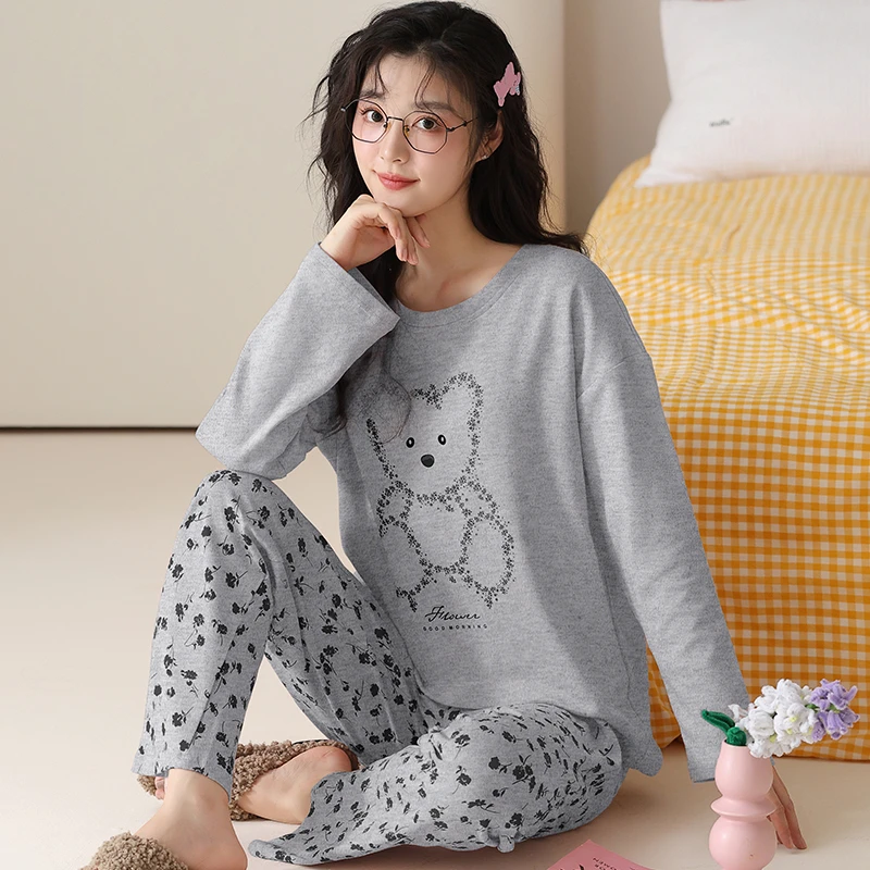 卡之恋睡衣女春秋季新款长袖纯棉灰色碎花小熊家居服