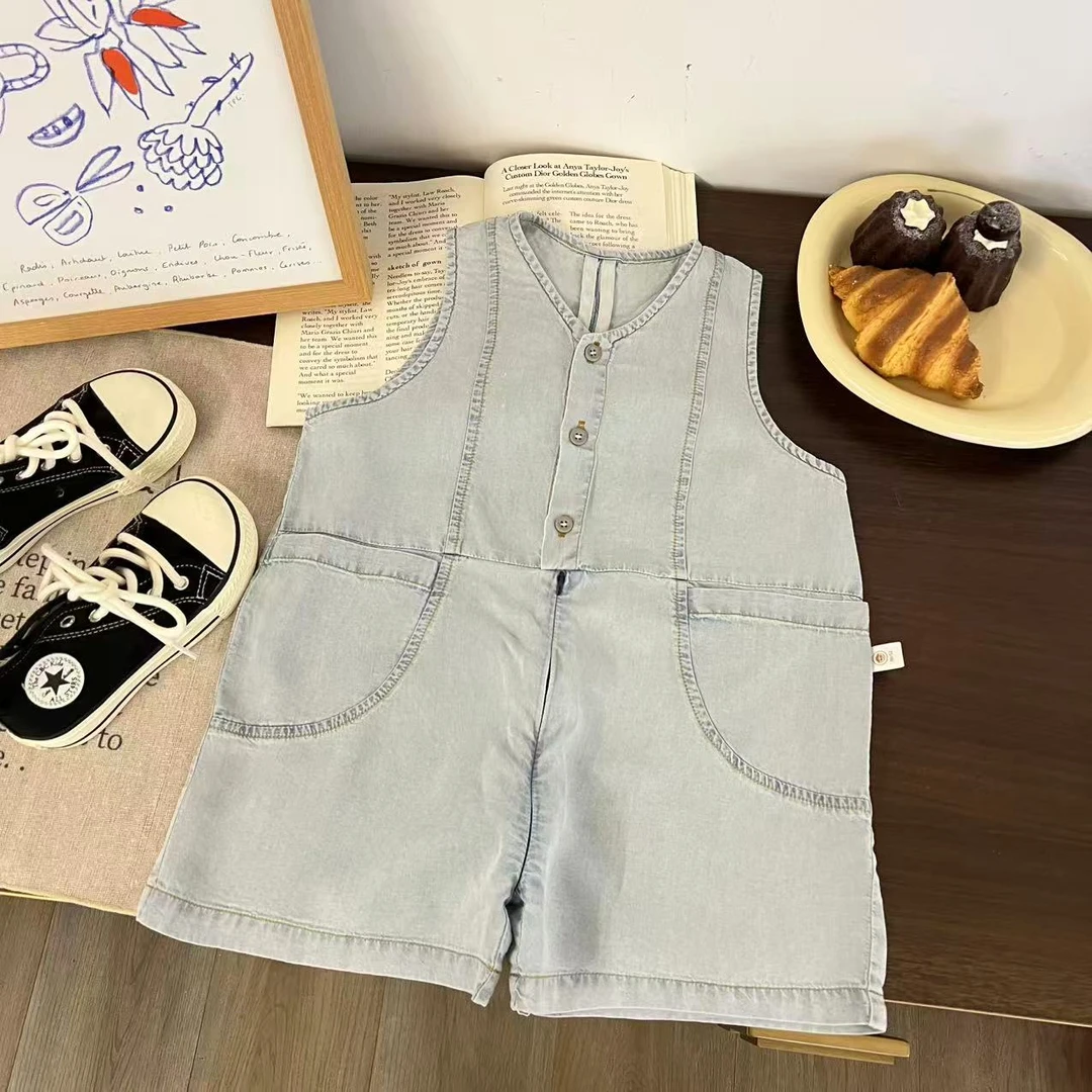 儿童夏季大口袋拉链式牛仔无袖背带裤H2223