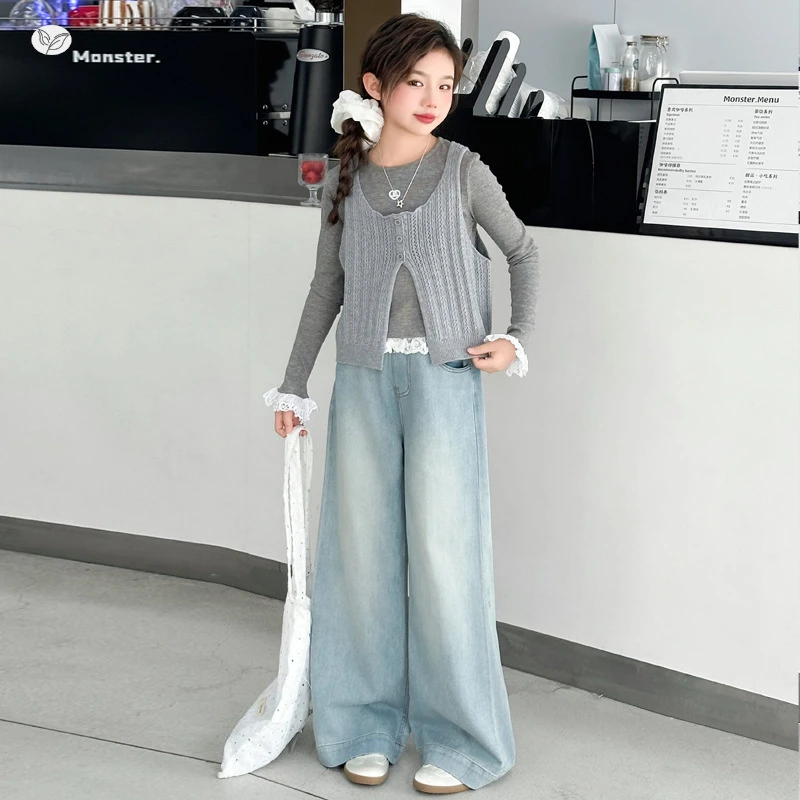 女童马甲套装2025秋季新款韩版蕾丝花边打底衫阔腿裤三件套中大童