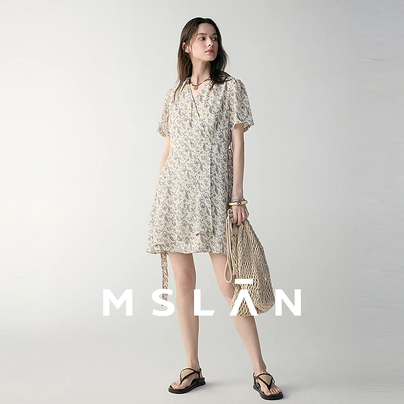 MSLAN23年夏新款设计感荷叶边斜襟印花短款连衣裙MFBV4106