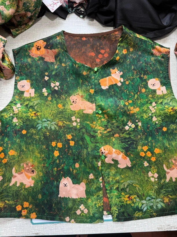 夏季女士香云纱红云纱花罗小奶狗图案背心开衫马甲小贝壳