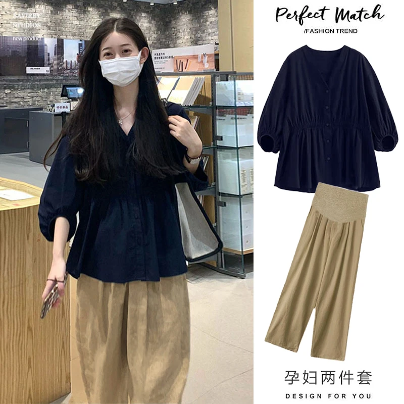2025新款孕妇哈伦九分裤显瘦孕妇复古套装两件套外出小个子套装