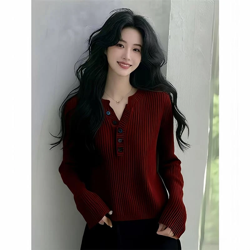 韩版半开领针织衫女士2025春秋季新款小众设计感休闲百搭长袖上衣