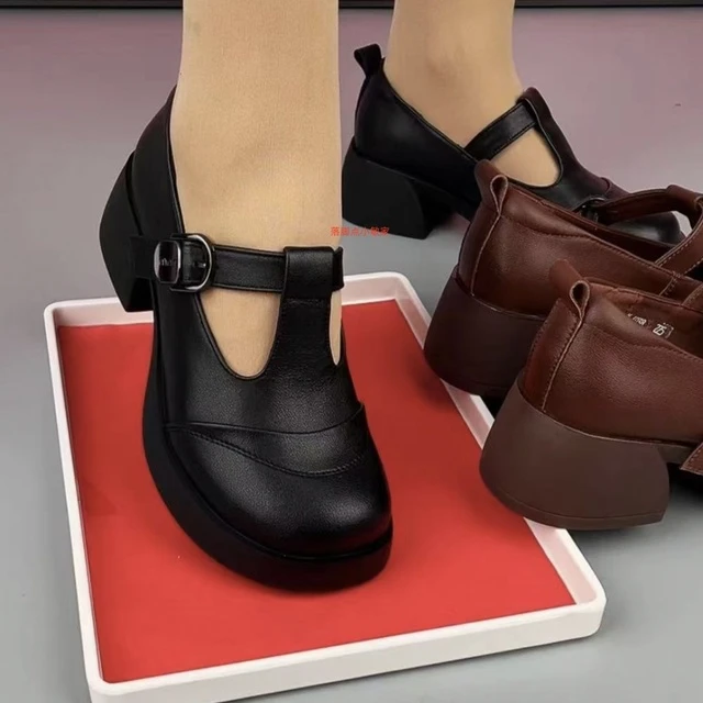 英伦风小皮鞋2025春季新款浅口单鞋女粗跟真皮舒适圆头软底妈妈鞋