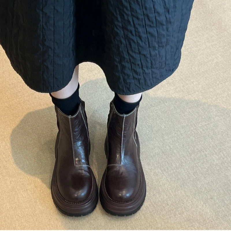羊皮版~切尔西靴女2025秋冬季新款粗跟马丁靴英伦风复古厚底短靴