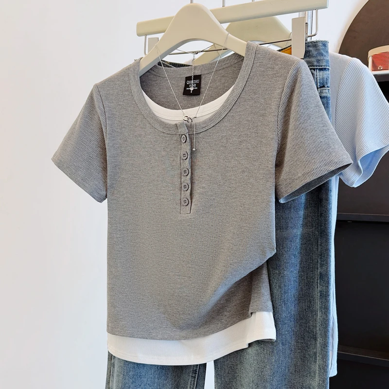 9077#设计感撞色假两件短袖t恤女2025夏季新款小个子收腰正肩上衣