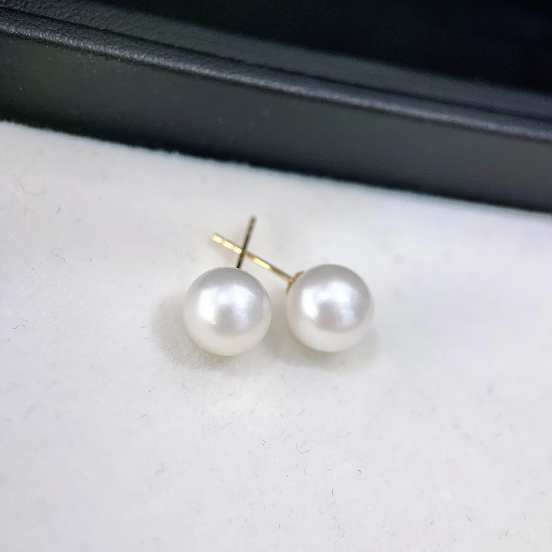 天然珍珠 海水澳白耳钉 18K金 8-9MM R001