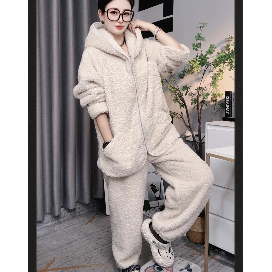 家居服套装睡衣女冬加厚加绒连帽套装保暖连帽休闲